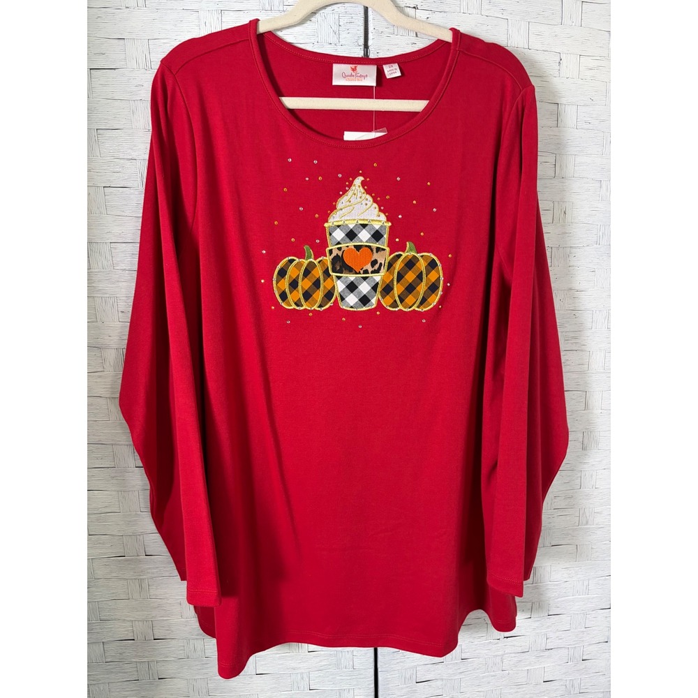 Quacker Factory Womens T Shirt‎ Pumpkin Rhinestone  A452068 Fall Thanksgiving